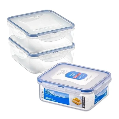 Image of LocknLock Square Food Containers with Lids Set of 3 Plastic Airtight &amp; Watertight Storage Containers, BPA Free Dishwasher Safe, x 870ml