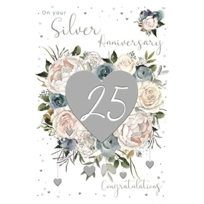 Image of ICG 25th Milestone Silver Anniversary Card 25 Years Roses and Peony Flowers with Foil Hearts Made in England