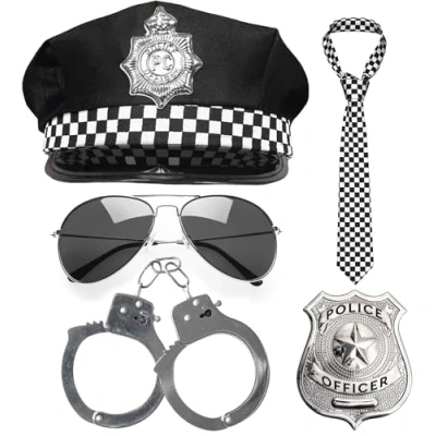 Image of Adult Police Costume 5pc Accessories for Fancy Dress Kit with Hat and Handcuffs Badge Tie Glasses Halloween Outfit Men or Women