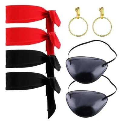 Image of SKHAOVS 8 Pieces Pirate Costume Accessories Set,Red Black Head Bandana Scarf,Pirate Eye Patches Hoop Earrings Captain Dress Up Set for Halloween Party (8 PCS)