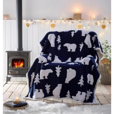 Image of Portfolio Living Polar Bear Throw Navy Fleece Blanket Reversible Sherpa 130x170cm