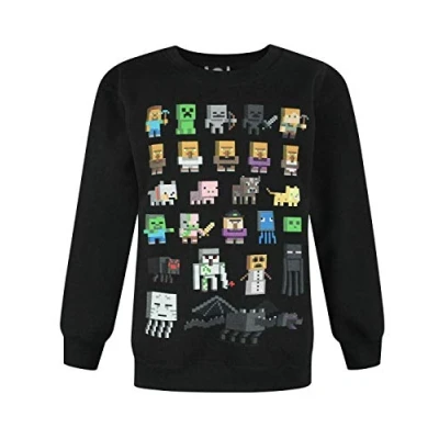 Image of Minecraft Boys Jumper Kids Sprites Creeper Pig Characters Black Sweatshirt Sweater Game Merchandise Clothing 12 13 Years