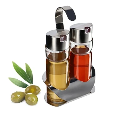 Image of KADAX Oil and Vinegar Dispenser with Stand, Transparent Glass Container Metal Lid, Set, Kitchen Spice Bottles, Bottles Set (Silver)