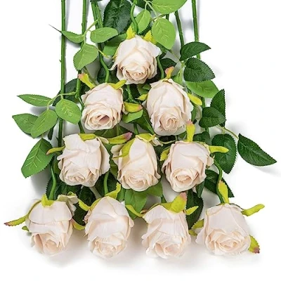 Image of DuHouse 10pcs Artificial Silk Roses Flowers Single Long Stem Fake Rose Bouquet for Wedding Home Party Decoration Centerpieces(Beige)