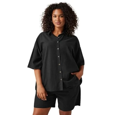 Image of EVANS Curve Linen Shirt Women&#039;s Plus Size Black