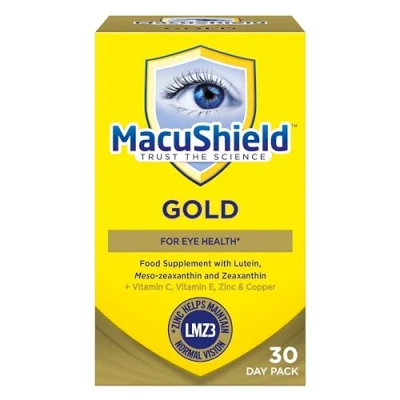 Image of MacuShield Gold 30 day pack, Eye Health Food Supplement containing Lutein, Zeaxanthin and Meso zeaxanthin, Zinc which Supports Normal Vision