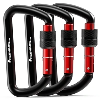 Image of FresKaro Carabiner Clip Heavy Duty, Strong 12kN Screw gate Aluminum Carabina, Locking Karabiner Hooks, 3 Inch, Lightweight, Lockable for Dog Lead, Hammocks, Swing, Camping, Key, D Shaped, 3Pack Black