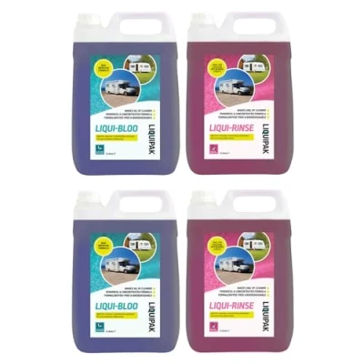 Image of Liquipak Caravan Toilet Fluid &amp; Rinse Chemical, Blue 10L Pink For Caravan, Camper, Motorhome, Boat Liqui Bloo Rinse, Formaldehyde Free 4x5L