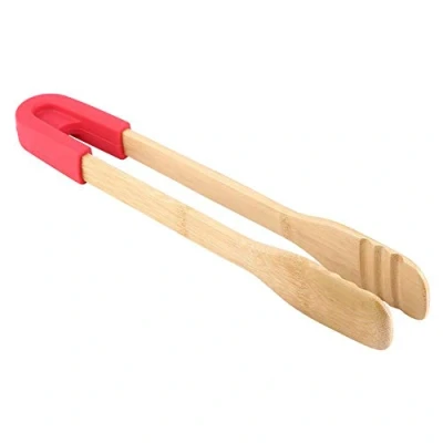 Image of Wooden Clip Clamp BBQ Buffet Food Tongs Bread Steak Kitchen Serving Tool Cooking Utensils with Silica Handle (Red)