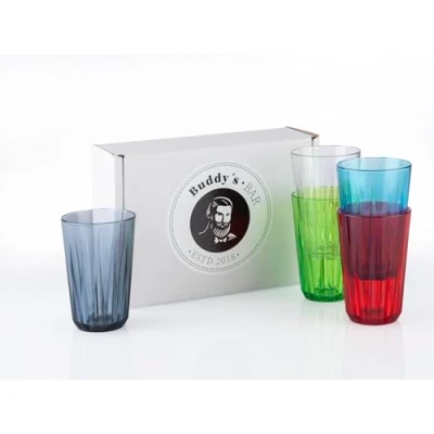 Image of Buddy&#039;s Bar Set of 6, 0.3 Litre Tritan Plastic Drinking Glasses, BPA Free, Crystal Glass Look, Shatter Proof Reusable Dishwasher Safe, 300 ml, Colourful