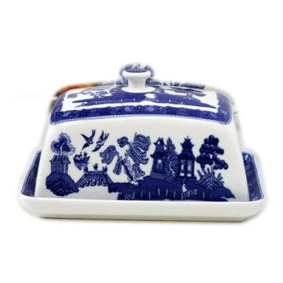 Image of Blue Willow Butter Dish with Lid Ceramic Kitchen Storage Serving Pot Container