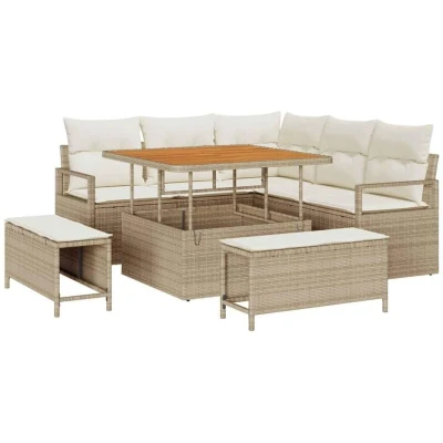Image of vidaXL 8 Piece Garden Sofa Set with Cushions Beige Poly Rattan Acacia