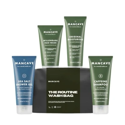 Image of ManCave Complete Routine Wash Bag Set, Durable Men&#039;s Toiletry Kit with Shower Gel, Shampoo, Moisturiser and Face Wash, Ideal Travel Companion, Eco friendly, Vegan, Made in England