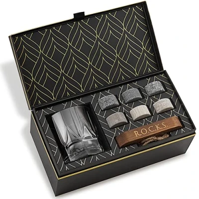 Image of Whiskey Stones &amp; World’s First Eco Crystal Glass Gift Set 6 Handcrafted Granite Round Sipping Rocks European Crafted Imperial Tumbler (355ml) Hardwood Presentation Tray Gold Foil Box