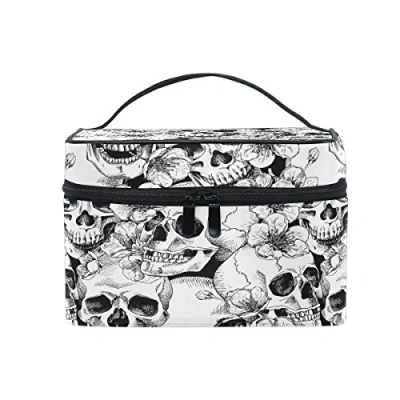 Image of Makeup Bag, Sugar Skull Flower Print Cosmetic Toiletry Storage Large Travel Handle Personalised Pouch with Compartments for Teenage Girl Women Lady White Black
