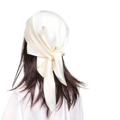 Image of MEANBEAUTY 27.5&quot; Square Silk Like Head Scarf for Women Satin Bandana Scarves Neck Scarfs Hair Wrapping at Night(Cream)