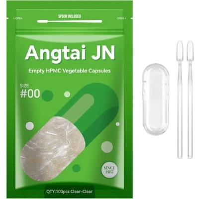 Image of Empty Capsules, AngtaiJN 100 Count Clear Vegetarian Size 00 DIY Pill Capsules Filling Caps with Micro Lab Spoon, Kosher, ISO9001, Gluten Free, Halal Certified, Non GMO Certified