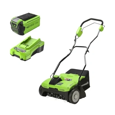 Image of Greenworks 40v Cordless Lawn Rake Dethatcher, 3600rpm, 36cm Working Width Includes 2.5Ah Battery G40DT35K2, 30L collecter bag, 3 Year Guarantee G40DT35K2