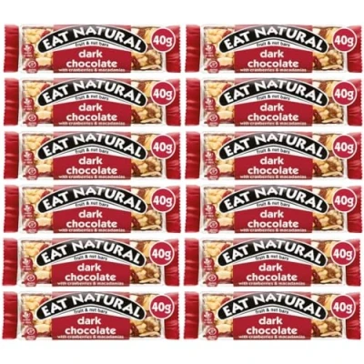 Image of Eat Natural Fruit and Nut bars protein Full case Flavours 12x40g Vegan gluten free, source of fibre, yoghurt coating, berries, peanut (Dark Chocolate with Cranberries &amp; Macadamias)