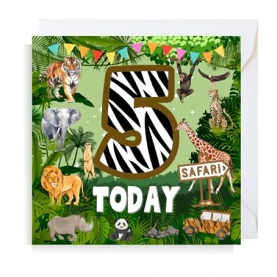 Image of Second Ave Safari Jungle Animal 5th Birthday Age 5 Square Children&#039;s Kids Greeting Card for Boy or Girl