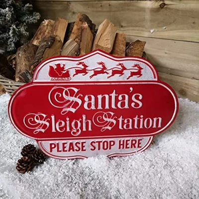 Image of Samuel ALEXANDER 51cm Red and White Metal Christmas Santa Sleigh Station Sign
