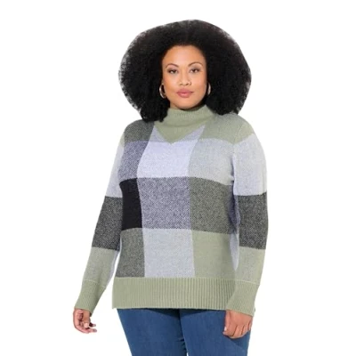 Image of Ulla Popken Women&#039;s Pullover, Karomuster, Stehkragen, Langarm Sweater, sage green, 28 UK/30 UK