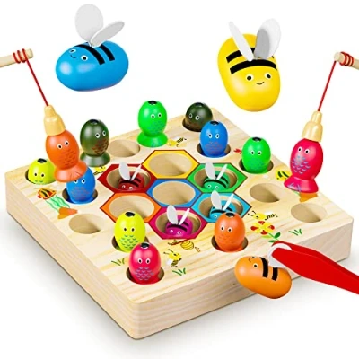 Image of Wooden Fishing Game Toy 2 3 4 5 Year Old Boy Girl Gifts Bee Magnetic Montessori Toys In1 Kids Learning Educational Motor Skills Toddler