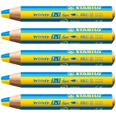 Image of Multi Talented Pencil STABILO woody 3 in 1 duo Pack of 5 Yellow/Cyan Blue