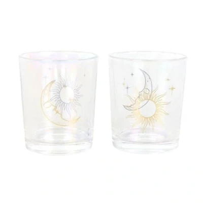 Image of Iridescent Glass Candle Holders with Gold Foil Detailing Color Shifting Finish, Elegant Home Décor for Tealights or Votive Candles Creates Calming, Peaceful Atmosphere Day Night