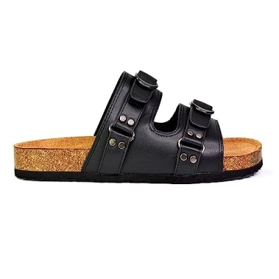 Image of Womens Flat Slip On Buckle Straps Slider Ladies Summer Holiday Cork Footbed Flip Flops Mule Black Sandals Size 3