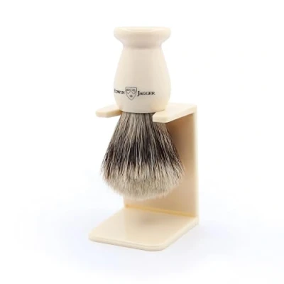 Image of Edwin Jagger 1EJ947SDS Classic Best Badger Hair Exfoliating Shaving Brush with Stand for Cream or Soap Men and Women (Imitation Ivory)