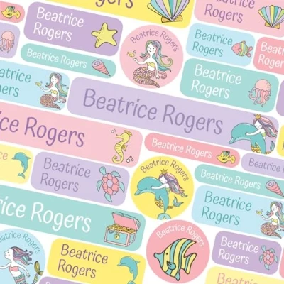 Image of 50 Name Labels for Kids No Iron Tags Clothes Stickers Water Bottles, School Uniform, School, Nursery, Care Homes, Washable and Dishwasher Safe Children (Mermaids)