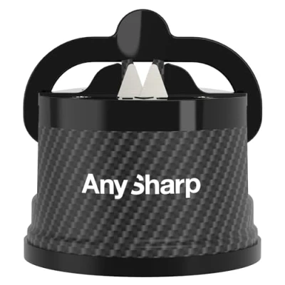 Image of AnySharp Knife Sharpener, Hands Free Safety, PowerGrip Suction, Safely Sharpens All Kitchen Knives, Ideal for Hardened Steel &amp; Serrated, World&#039;s Best, Compact, One Size, Carbon Fibre Design