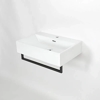 Image of Milano Elswick White Wall Hung 1 Tap Hole Bathroom Basin Sink Black Towel Rail 600mm x 420mm
