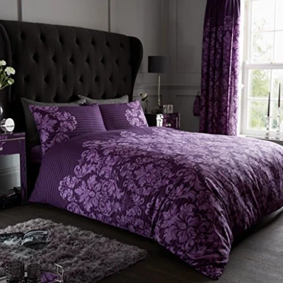 Image of GC GAVENO CAVAILIA Printed Duvet Cover, Polycotton Bedding Set, 3PCs Breathable Quilt Covers, Empire Damask Purple, King