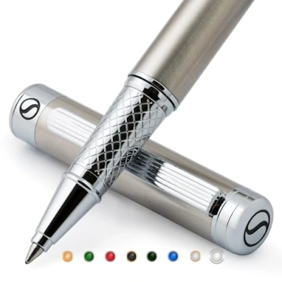 Image of Scriveiner Stainless Steel Rollerball Pen Stunning Luxury Metal with Silver Chrome Finish, Schmidt Ink Refill, Best Roller Ball Gift Set for Men &amp; Women