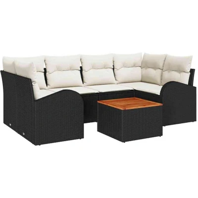 Image of vidaXL 7 Piece Garden Sofa Set with Cushions Black Poly Rattan Acacia