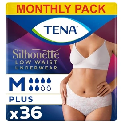 Image of TENA Silhouette Low Waist Underwear, Normal for moderate Bladder Weakness, Fits 75cm 100cm, Medium, 36 pairs of Incontinence Pants (6 x 6 packs ) Women