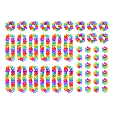 Image of Henbrandt 12 x Rainbow Pride Hula Lei Flower Garland 4pc Party Set LGBTQ+ Fancy Dress Accessories for Gay Decorations, Parades, Parties and Carnivals