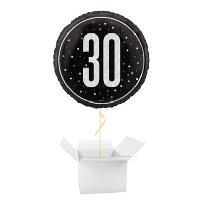 Image of Black Glitz Holographic Round Foil Helium Balloon Inflated in a Box (Foil, Age 30)