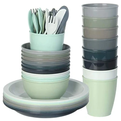 Image of Youngever 54 pcs Kids Tableware, Re usable Toddler Dinnerware Set, Dining Cups, Plates, Bowls, Flatware Dishes Set of 9 in Urban Colors