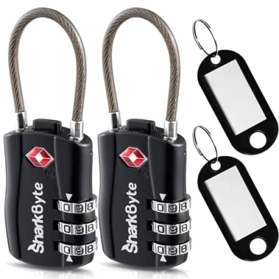 Image of SharkByte TSA Approved Luggage Locks, 3 Dial Security Travel Combination Padlock with Tags, Flexible Cable Wire Lock, Suitcase Bag, Gym Locker, Small Code (Pack of 2)