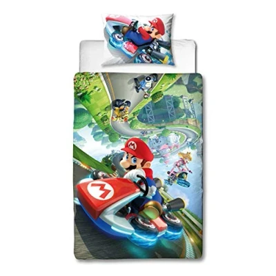 Image of Super Mario Nintendo Kart Single Duvet Cover Officially Licensed Reversible Two Sided Gravity Design with Matching Pillowcase