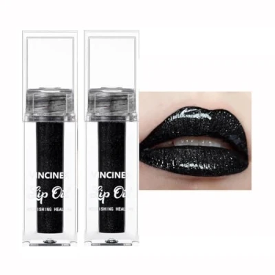 Image of 2Pcs Black Glossy Lipgloss High Pigment Long Lasting Lipstick Moisturizing Plumping Hydrating Liquid Back to Vegan Makeup