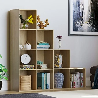 Image of Vida Designs Durham Staircase Bookcase Shelves Storage Organiser Living Room Furniture (10 Cube, Oak)