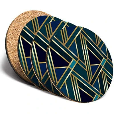 Image of Great Coasters (Set of 4) Round Green Gold Art Deco Geometric Drink Glossy Coasters/Tabletop Protection for Any Table Type #12546