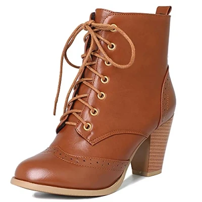 Image of Onewus Women Lace up Boots with Pointed Toe and Block Heel Khaki