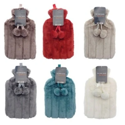 Image of COSY LARGE HOT WATER BOTTLE WITH FAUX FUR COVER AND POM POMS, Red