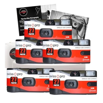Image of Disposable Cameras Multipack Bundle with 5 X Swiss+Pro Camera Single Use Film 27 Exposures and Clikoze Photography Tips Card
