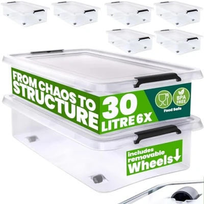 Image of Deuba® 6x 30 Litre Plastic Rolling Storage Boxes with Lid 30L Stackable Clear BPA Free Container Smooth Running Wheels Handle Really Useful Multi Purpose Clip Lock Home Organiser